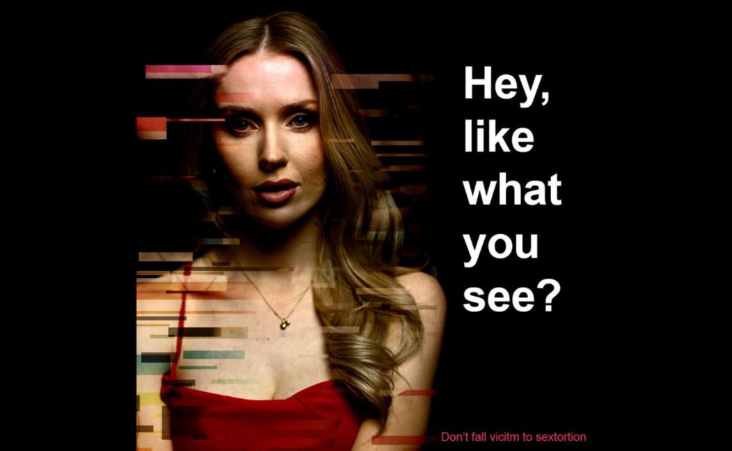 Sextortion awareness graphic that reads 'Hew, like what you see?'