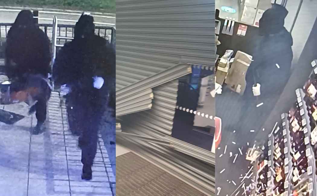 An image of two masked men, an image of damaged shutters, and an image of a masked intruder inside the shop