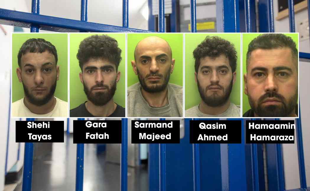 The five defendants' mugshots