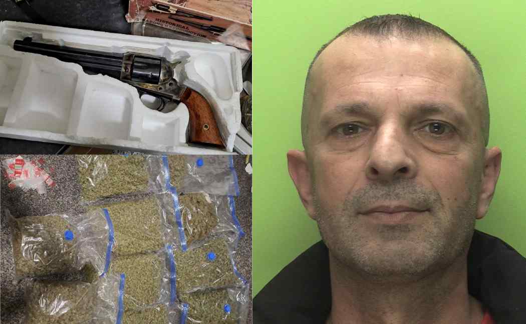 Pictures of the revolver, bags of cannabis and Ervin Doksani's mugshot