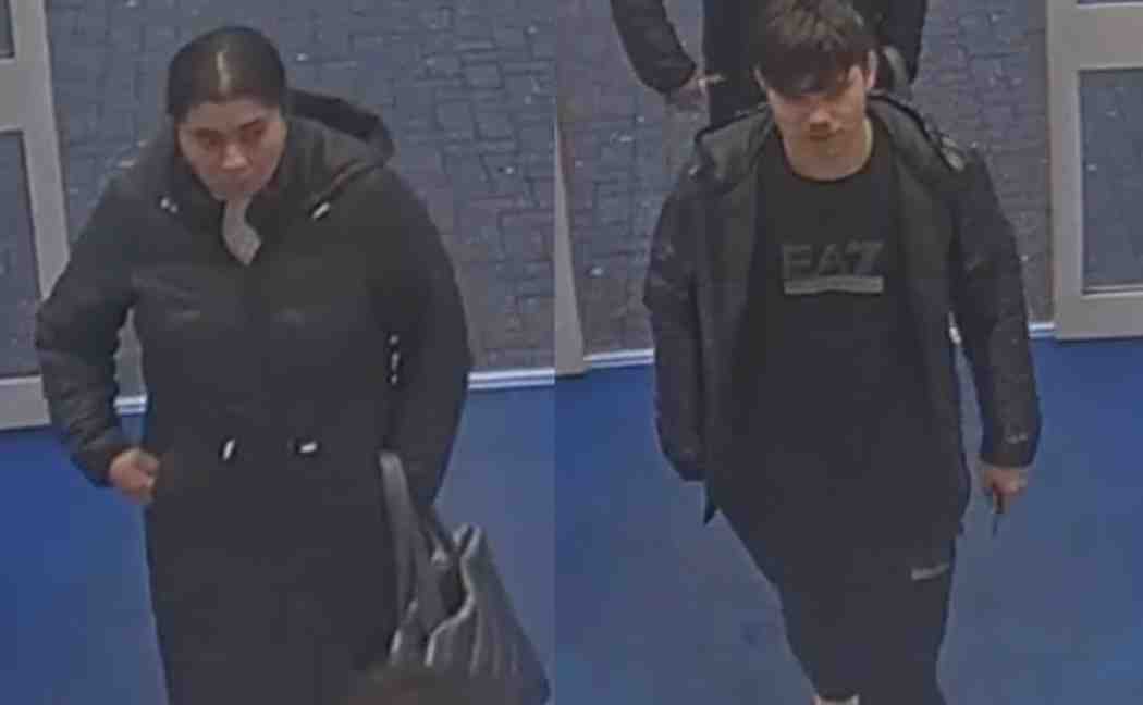 Pictures of a woman and a man walking into a shop separately