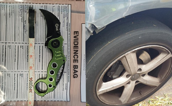 A lock knife and a tyre with insufficient tread 