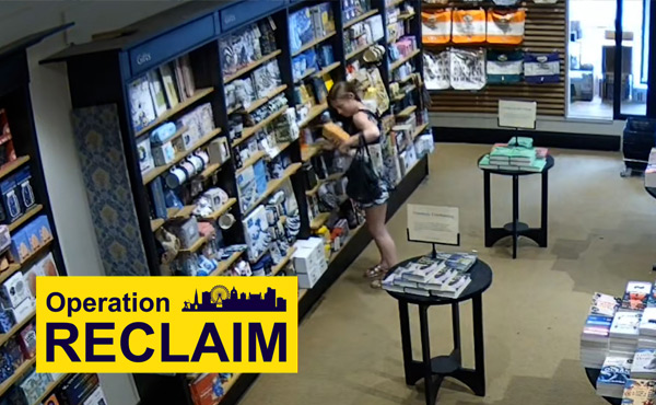A woman is pictured on CCTV inside a bookshop putting items into a bag over her shoulder.