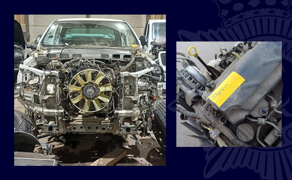 An image of a car with its front end stripped down and a stolen engine