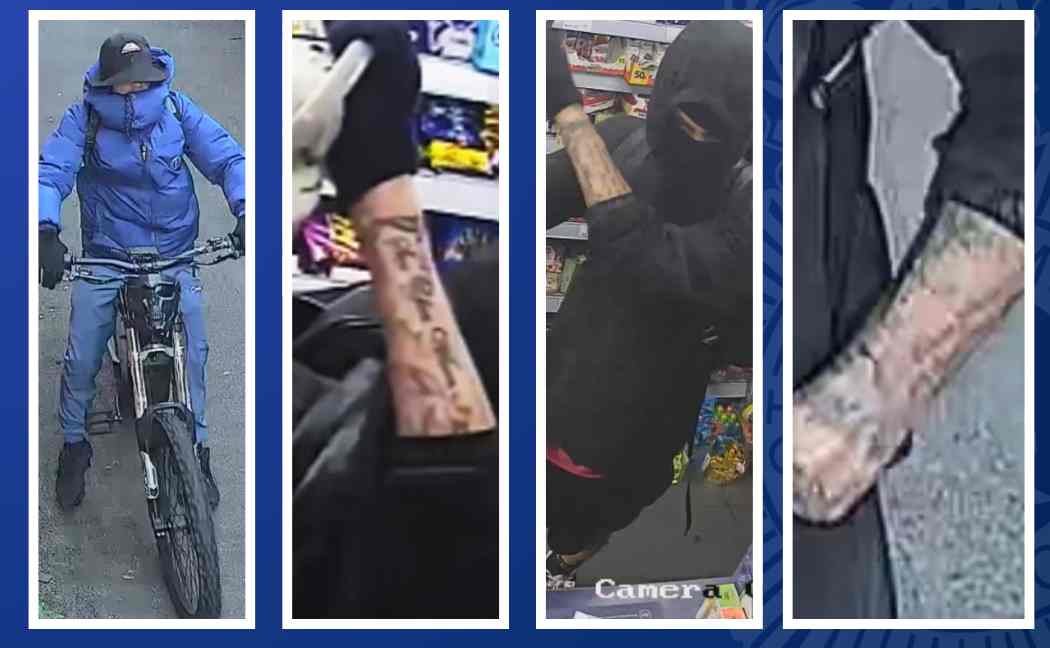Four images - one of a man on a bike and three others of a man with a tattoo on his arm