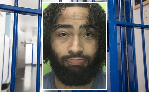 Custody photo of Christopher Gomes. He is in front of a lime green background. He has brown skin and is wearing a grey t-shirt. He has a thick, black beard and goatee. He has long, curly and wavy black hair that comes down to below his ears and over his eyes and forehead.  