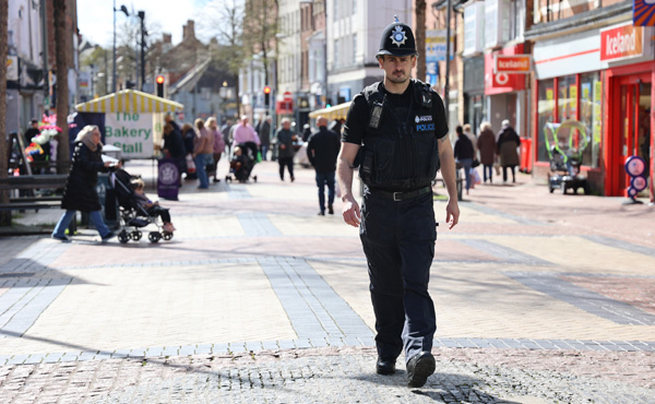 A police officer on patrol in Worksop town centre.