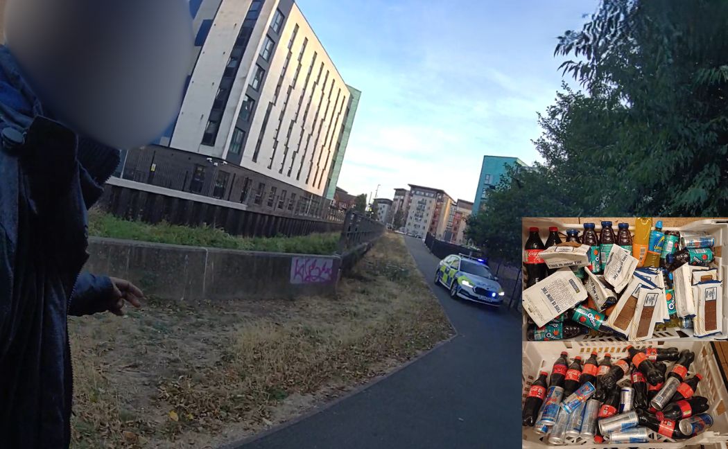 Suspect led to police car and (inset) pictures of stolen items
