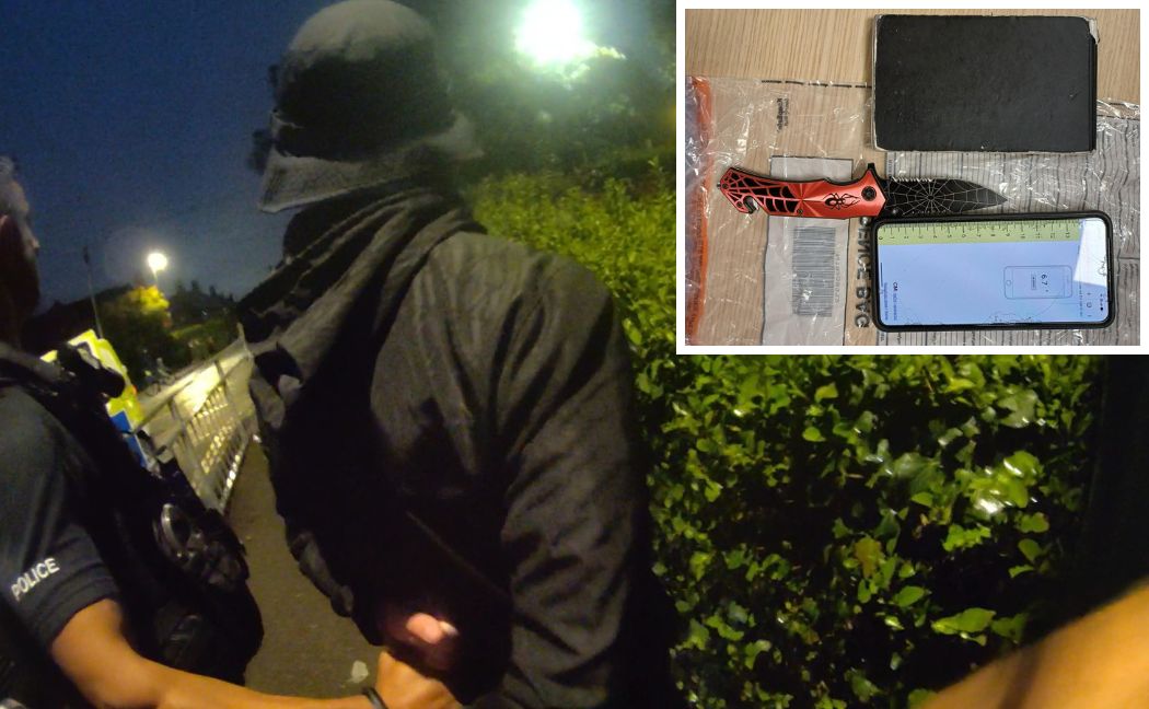 Bodyworn image of the arrest an,d inset, the knife recovered