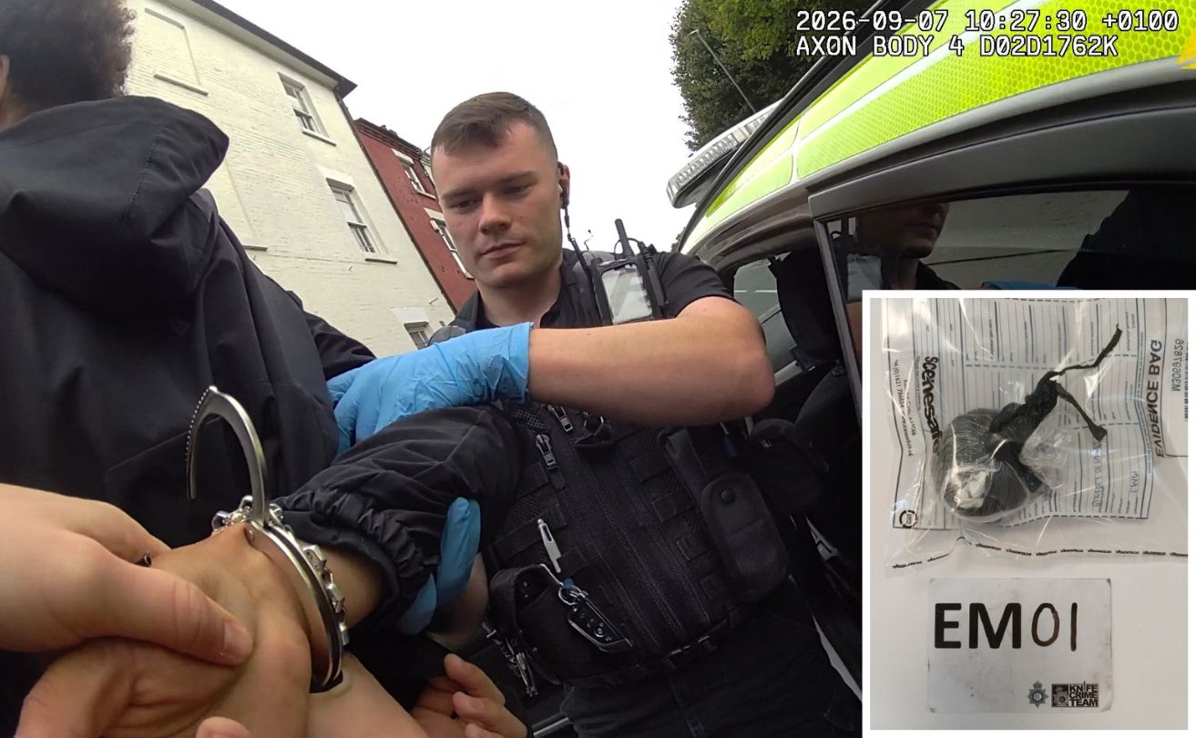 Bodyworn footage captures the arrest and, inset, the bundle of drugs seized
