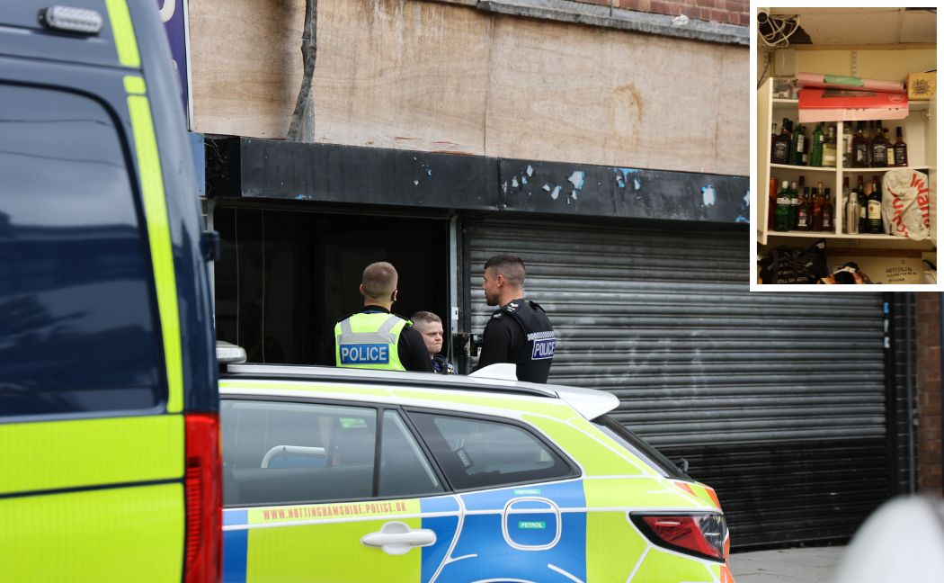 Officers execute the warrant and, inset, the suspected stolen alcohol