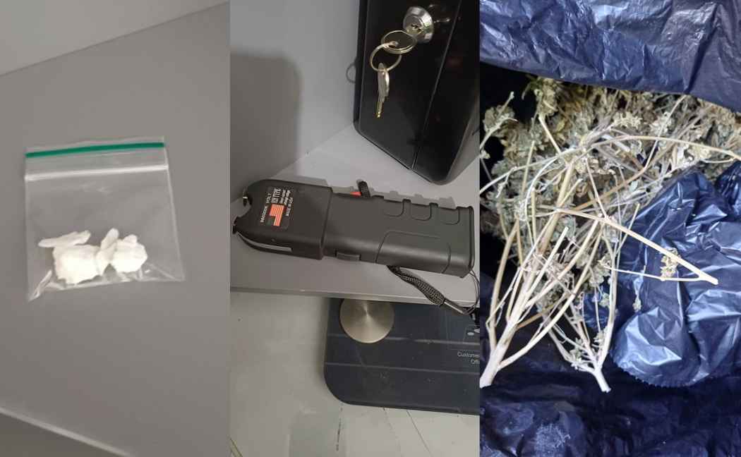 Pictures of cocaine, cannabis and a taser